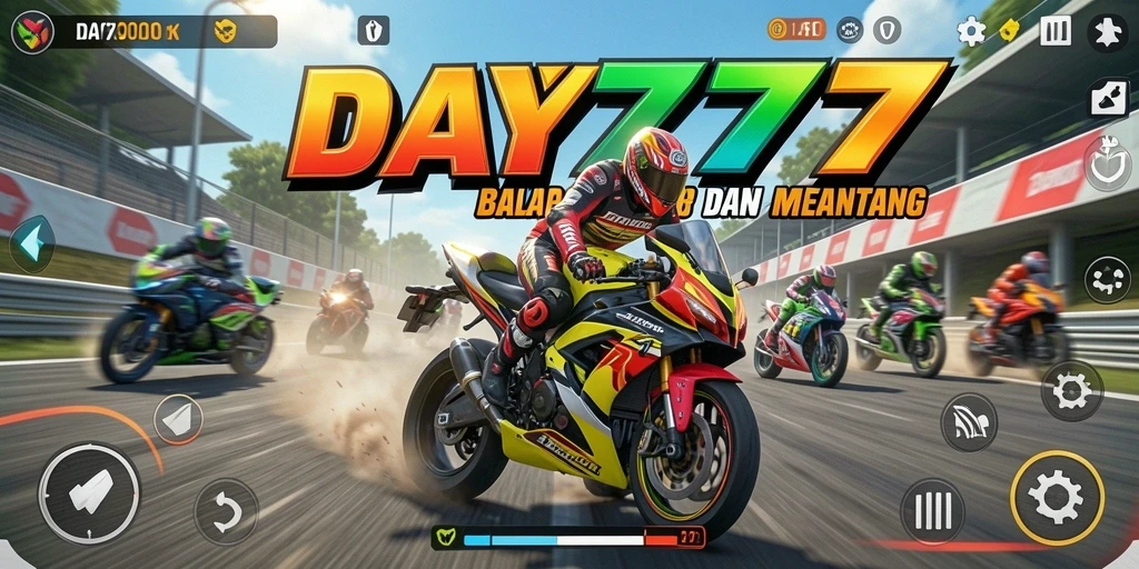 Screenshot utama DAY777 menampilkan kecepatan balap motor yang memukau.