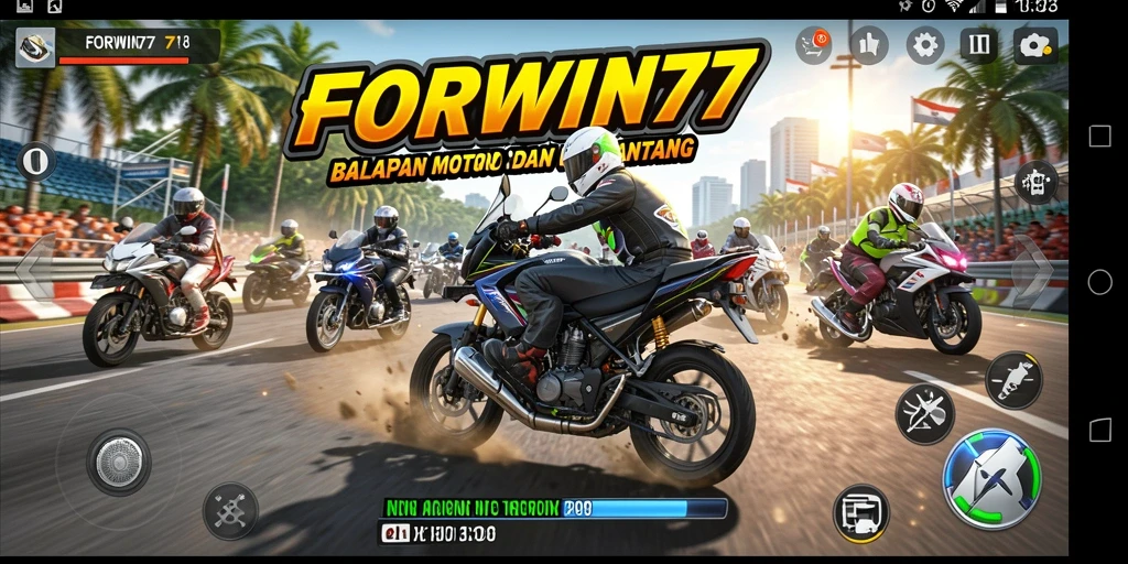 Tampilan gameplay FORWIN77 yang menegangkan saat balapan motor.