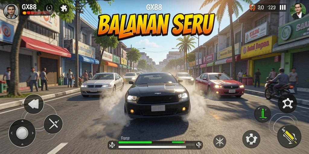 Tampilan gameplay seru GX88 dengan mobil balap di trek.