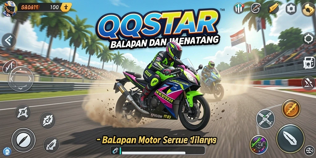 Tangkapan layar gameplay QQSTAR menampilkan aksi balapan motor yang mendebarkan.